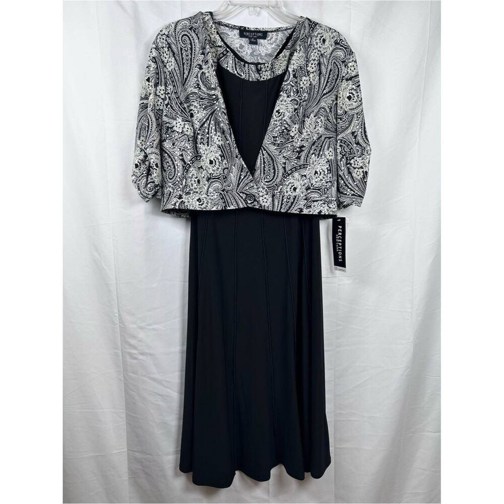 Perceptions New York Black White 2 Piece Set Size 12 Midi Dress Cropped Jacket